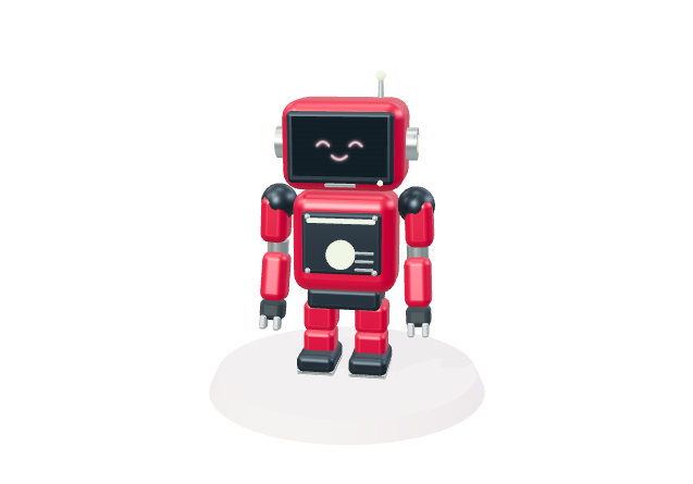 Ruby, a ruby-red robot with a smiling screen face standing on a small platform